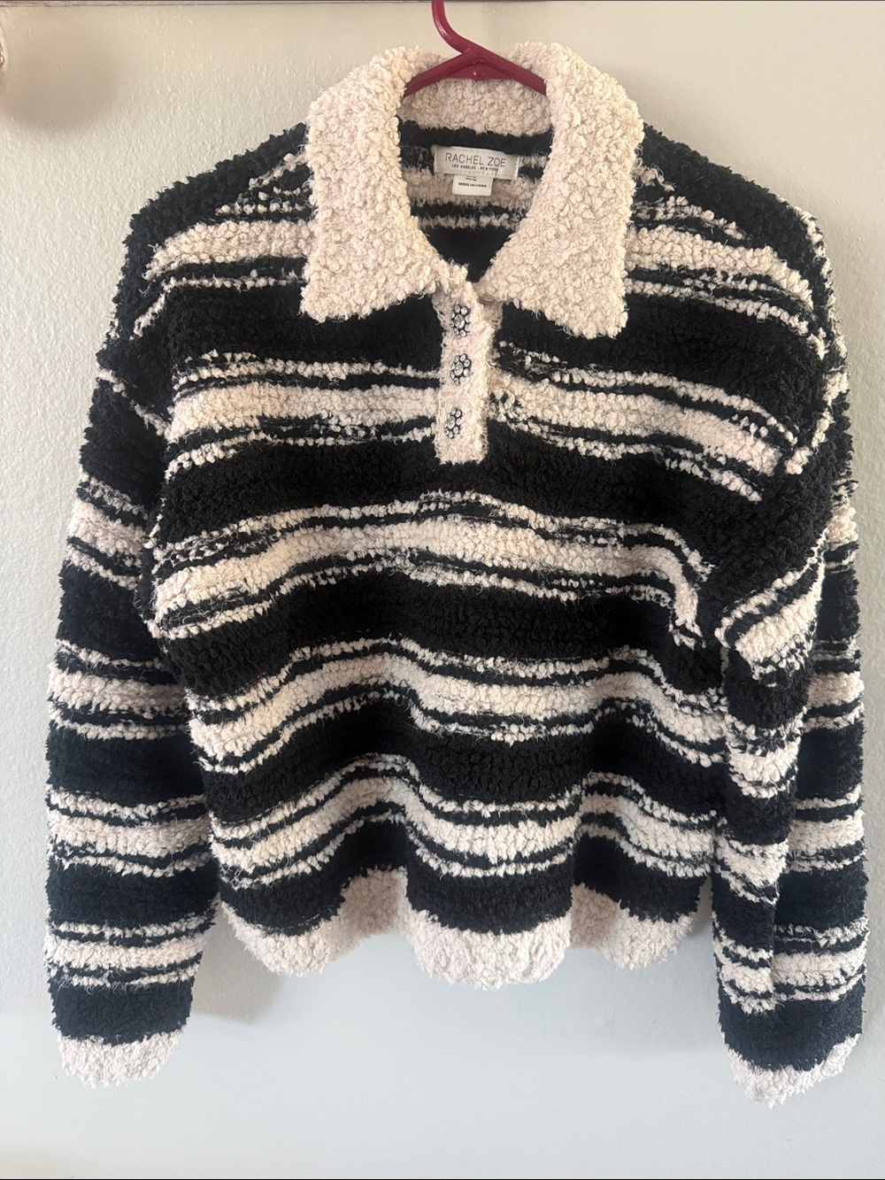 Rachel Zoe Black and Cream Striped Sherpa Polo Pullover